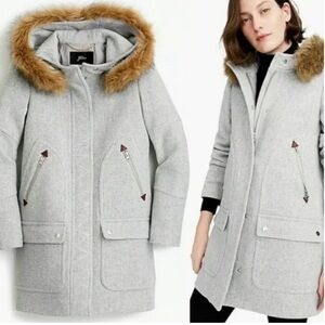 Gray Hooded Coat with Faux Fur Trim